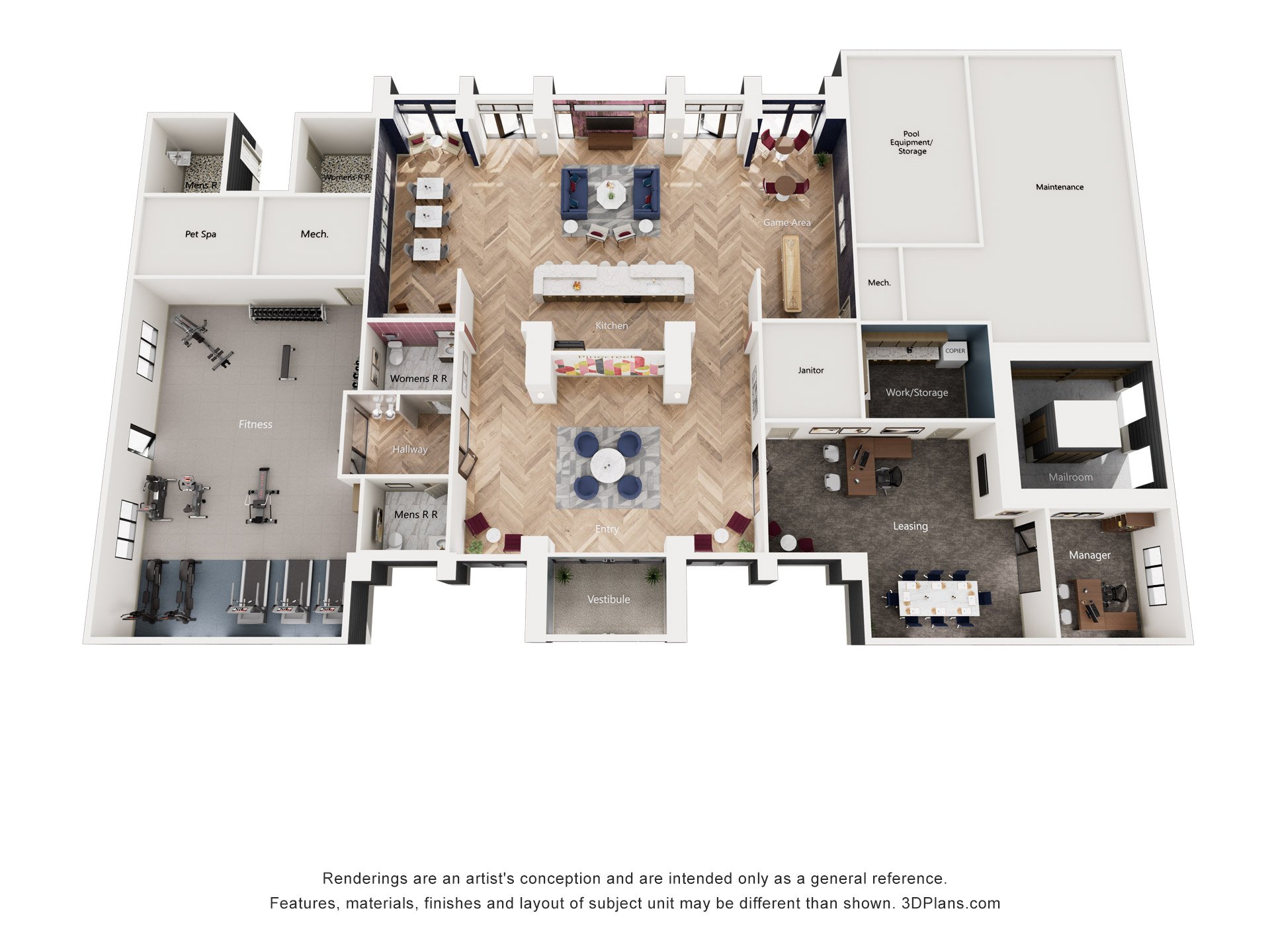 A 3D floor plan of a house with labeled rooms.